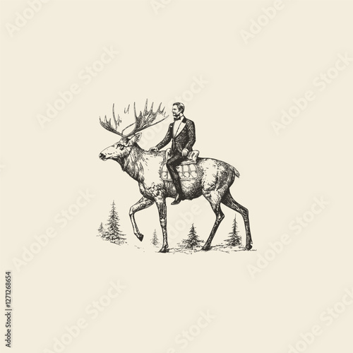 gentlemen wearing tuxedo riding mighty deer design vector template illustration