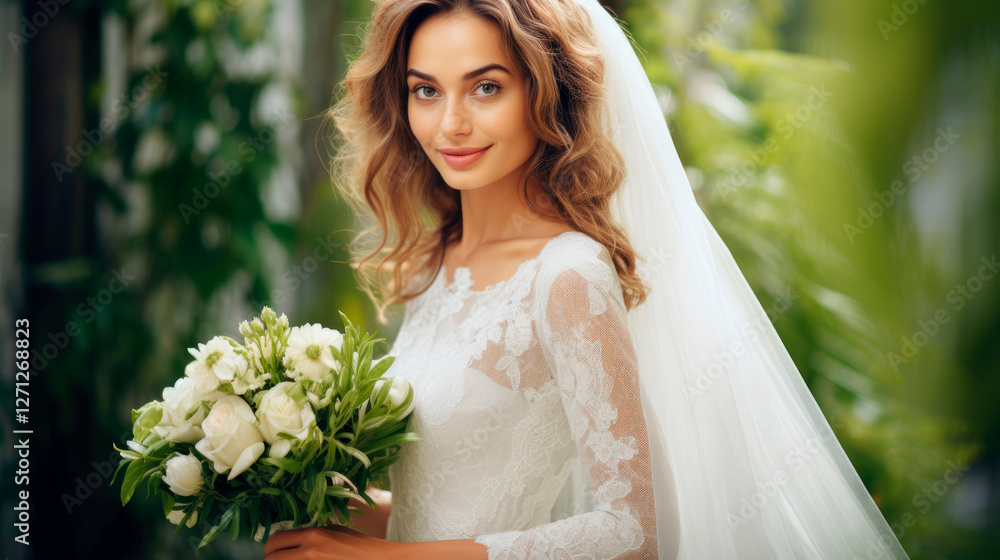 Elegant european bride with flowers and veil portrait image. Beautiful young woman wearing wedding gown picture photorealistic photography. Marriage concept photo realistic Elegant european bride with flowers and veil portrait image. Beautiful young woman wearing wedding gown picture photorealistic photography. Marriage concept photo realistic