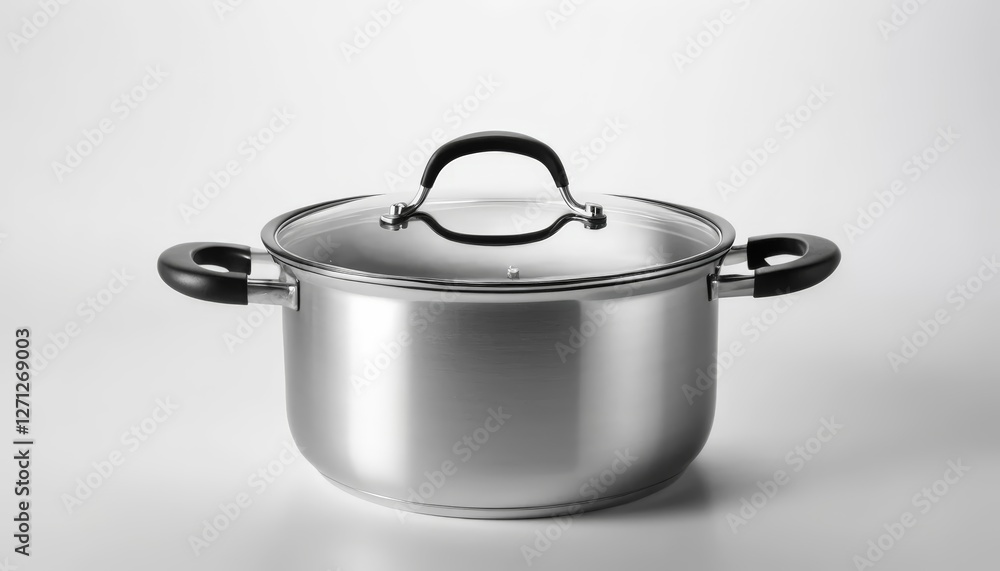A shiny stainless steel pot with a glass lid sits prominently against a clean backdrop, illustrating functionality and modern design, ideal for cooking brands or kitchen supplies. A shiny stainless steel pot with a glass lid sits prominently against a clean backdrop, illustrating functionality and modern design, ideal for cooking brands or kitchen supplies.