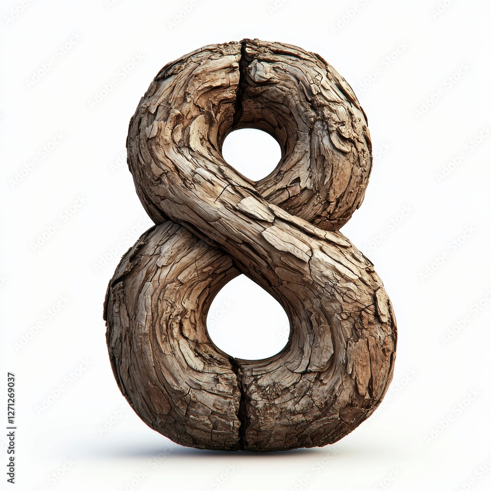 Number 8 sculpted from rough tree bark with deep wood grain, isolated on white Number 8 sculpted from rough tree bark with deep wood grain, isolated on white