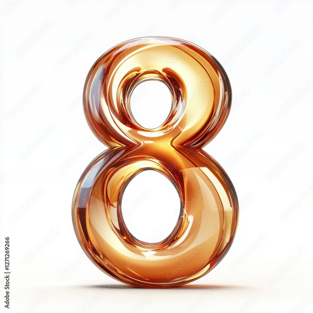 Number 8 shaped from smooth polished glass with light reflections on a clean white background for 8 March International Womens Day Number 8 shaped from smooth polished glass with light reflections on a clean white background for 8 March International Womens Day