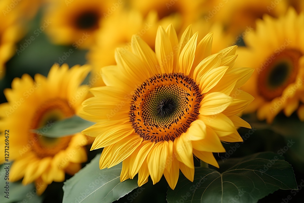 Naklejka premium Close-up of vibrant sunflowers in full bloom, showcasing their intricate details and lush green leaves