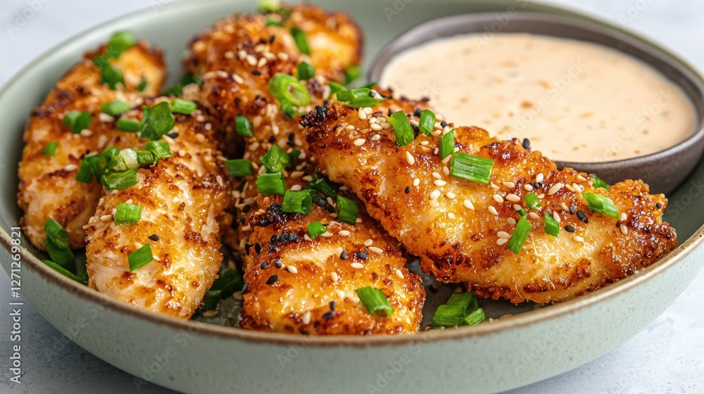 Crispy Sesame Chicken Tenders with Sauce on a Plate Crispy Sesame Chicken Tenders with Sauce on a Plate