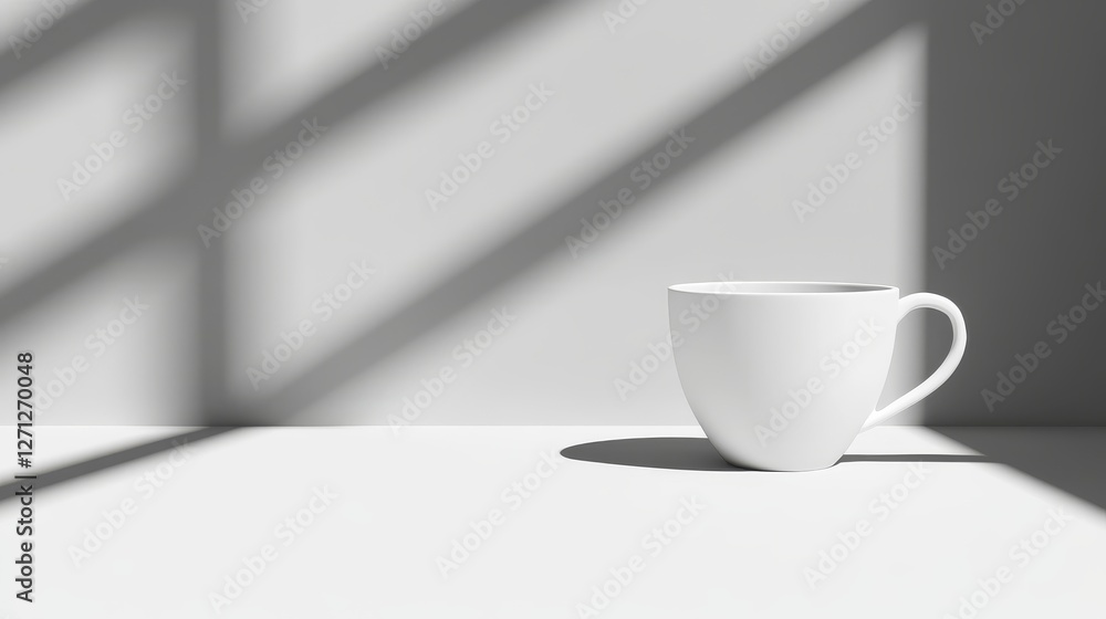 Obraz premium White cup with shadows, positioned on a light surface.