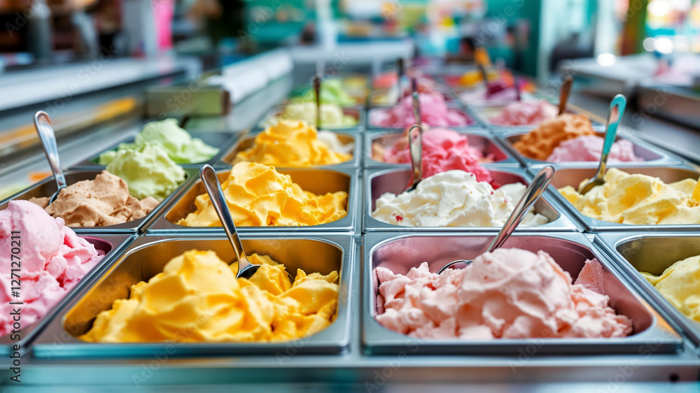 Fototapeta premium Colorful Gelato Display in Metal Trays at a Bright Dessert Shop