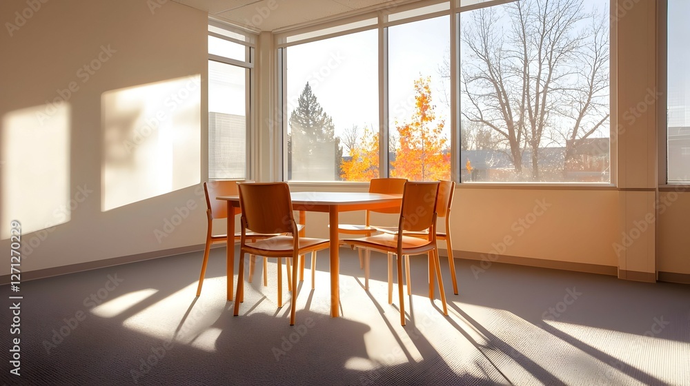 Fototapeta premium Sunny Autumn Room Interior with Wooden Table and Chairs