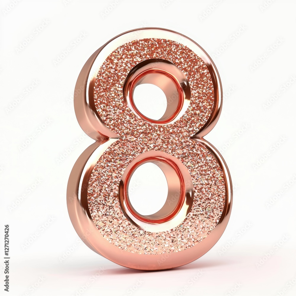 Rose gold number 8 with a shimmering surface for 8 March International Womens Day isolated on white Rose gold number 8 with a shimmering surface for 8 March International Womens Day isolated on white