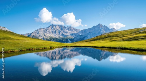 A mountain lake nestled in a valley, its still waters reflecting the surrounding peaks like a mirror, creating a serene and tranquil scene. photo