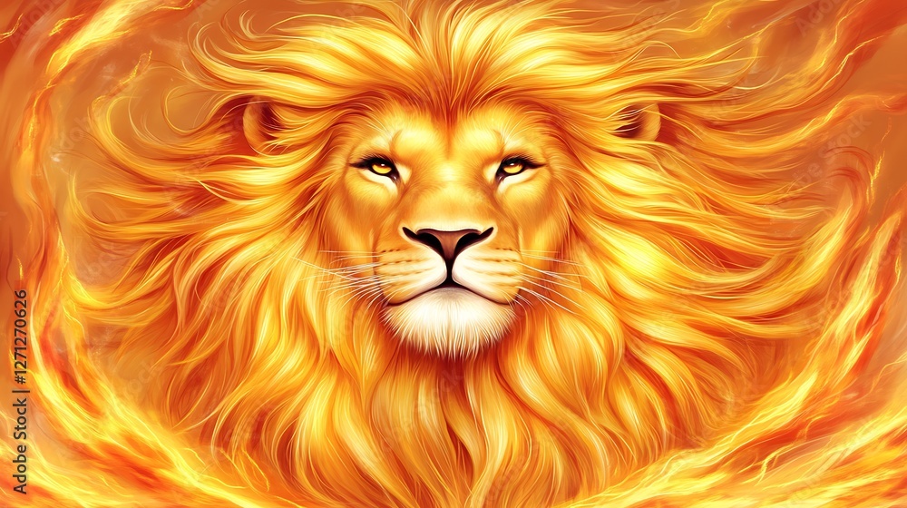 Fototapeta premium Fiery Lion Majestic Portrait Warm Golden Hues. AI Generated