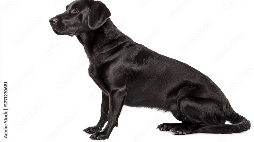 Obraz premium Beautiful Black Labrador Retriever Dog Sitting Profile Elegant Pose Studio Photography High Resolution Image Perfect for Pet Lovers Websites Blogs and