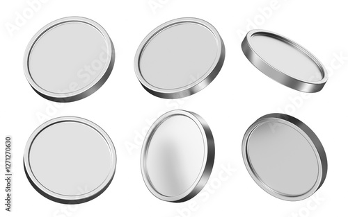 silver coin 3d illustration. set of coins in different view. 3d rendering of metallic coins for business and finance