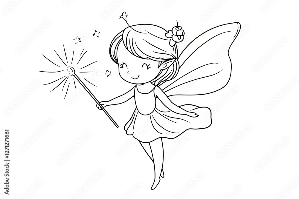 Cute cartoon little fairy with a magic wand outlined for coloring on white background. Cute cartoon little fairy with a magic wand outlined for coloring on white background.