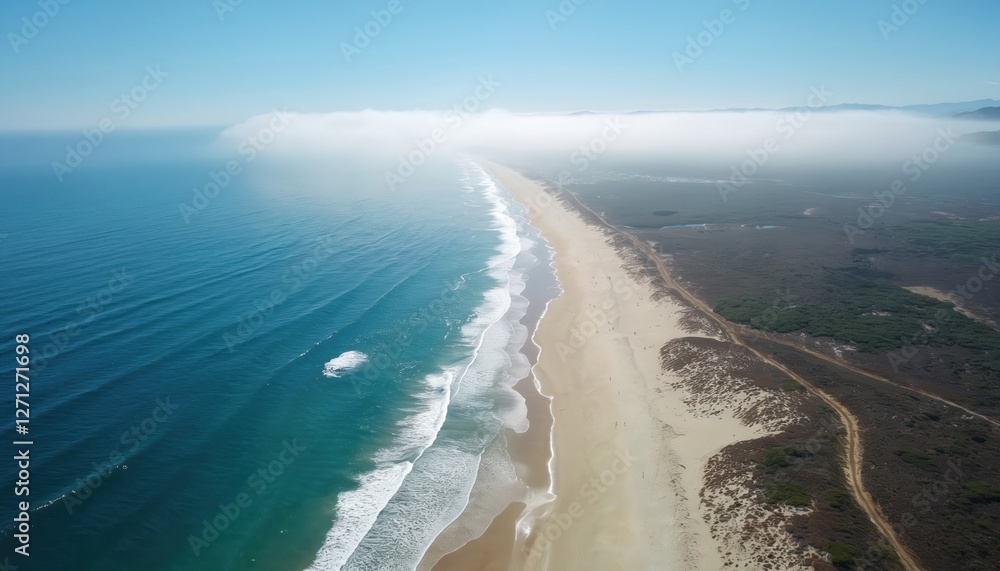 Aerial view of Monterey Bay in California. Scenic coastline with pacific ocean waves crashing on sandy shore. Calm turquoise water meets coastal cliffs with green nature under horizon. Serene travel Aerial view of Monterey Bay in California. Scenic coastline with pacific ocean waves crashing on sandy shore. Calm turquoise water meets coastal cliffs with green nature under horizon. Serene travel