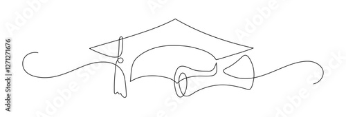 Graduation cap and scroll. Continuous line drawing.
