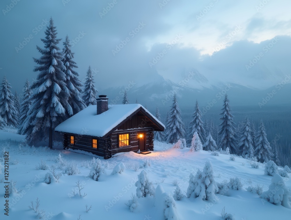 Cozy Wooden Cabin Glowing in Snowy Mountain Landscape at Dusk Cozy Wooden Cabin Glowing in Snowy Mountain Landscape at Dusk