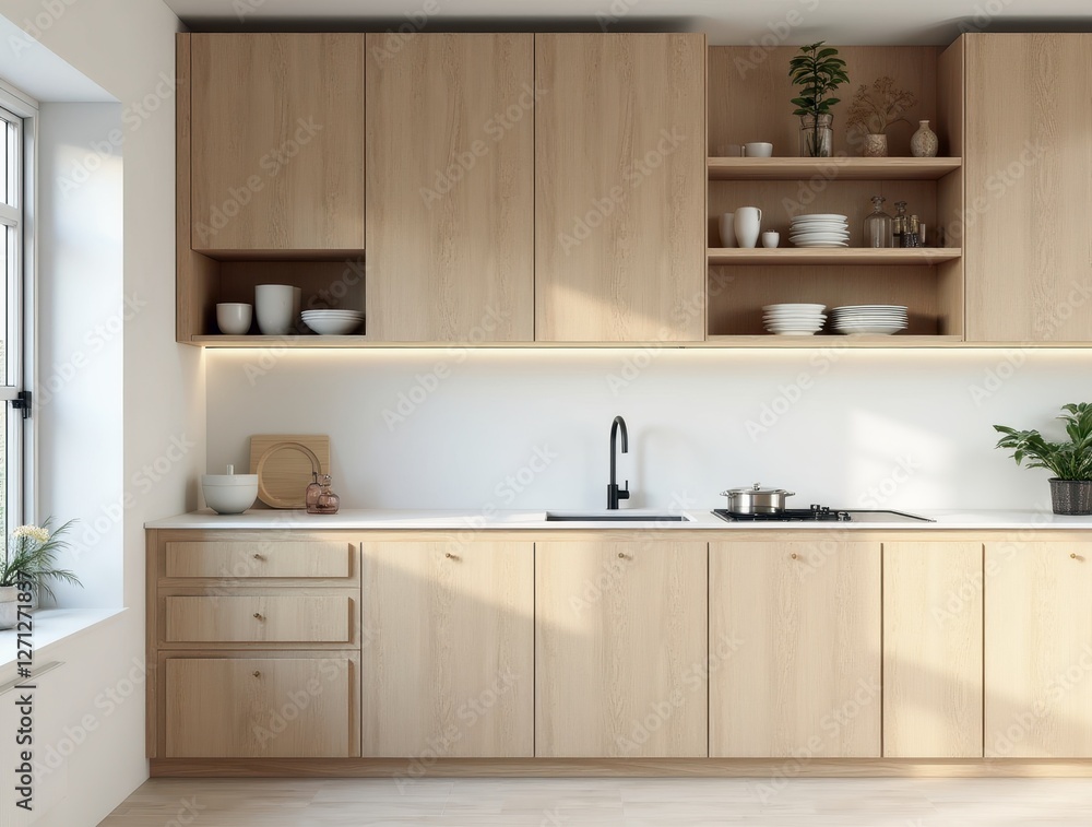Fototapeta premium Modern scandinavian kitchen boasting light wood cabinets and white countertops