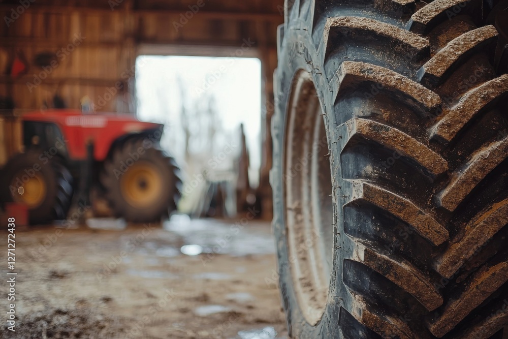 Close-up of a rugged tractor tire inside a rustic barn environment Close-up of a rugged tractor tire inside a rustic barn environment