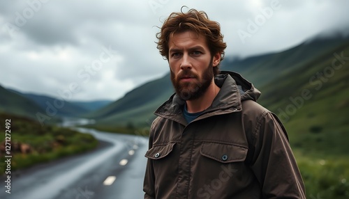 A rugged man with curly hair and a beard, wearing a brown waterproof jacket, standing on a rural road surrounded by green hills under a cloudy sky. The atmosphere is moody and adventurous.
