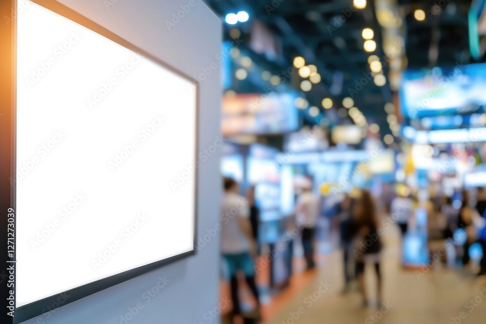 Obraz premium Blank advertisement space in busy trade show with blurred attendees