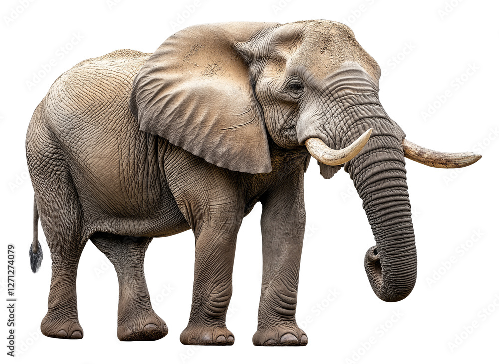Obraz premium A majestic African elephant stands against a black background, showcasing its massive size, wrinkled skin, large ears, and curved tusks.