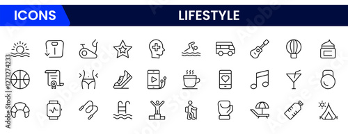 Lifestyle icon set. Containing healthy lifestyle, diet, exercise, sleep, relationships, running, routine, self-care, culture and hobbies icons.
