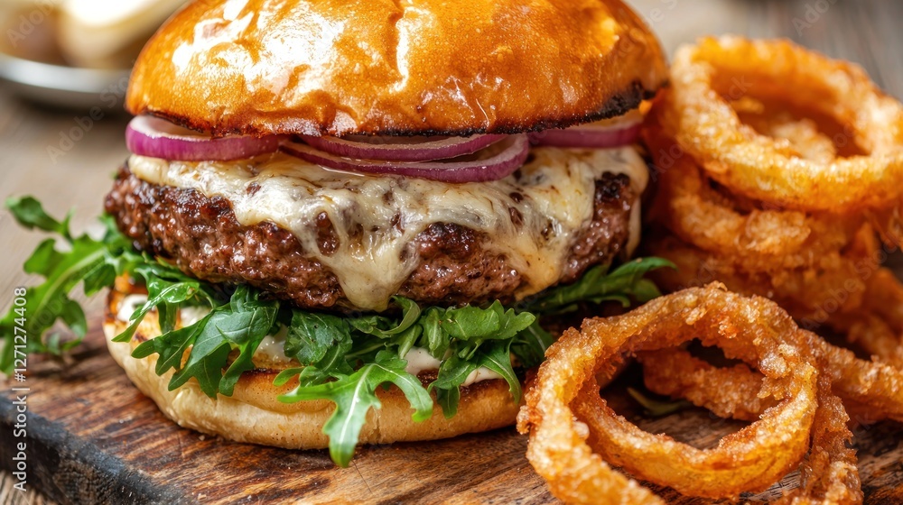 Juicy Cheeseburger with Crispy Onion Rings Juicy Cheeseburger with Crispy Onion Rings