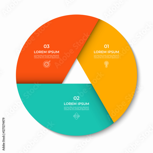 Vector infographic circle divided into 3 sections, parts. Cycle diagram with 3 options. 3-step round chart. Can be used for presentations, reports, brochures, visualizing data, marketing materials.