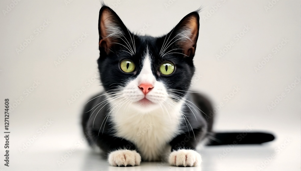 Obraz premium A black and white cat with green eyes looking at the camera, possibly with a playful or curious expression.