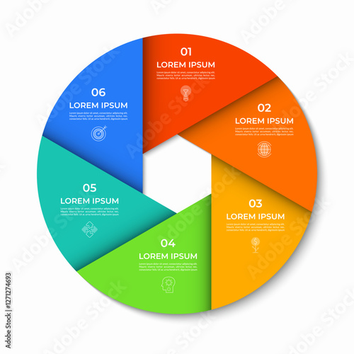 Vector infographic circle divided into 6 sections, parts. Cycle diagram with 6 options. 6-step round chart. Can be used for presentations, reports, brochures, visualizing data, marketing materials.