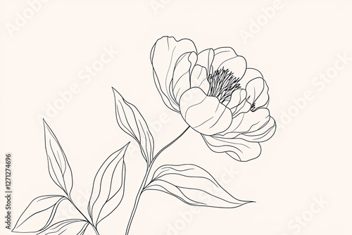 Fototapeta Naklejka Na Ścianę i Meble -  Peony flower and leaves line drawing. Hand drawn outline floral set.