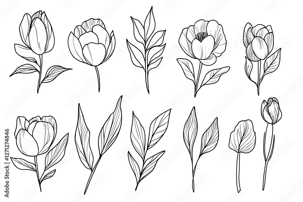 Peony flower and leaves line drawing. Hand drawn outline floral set. Peony flower and leaves line drawing. Hand drawn outline floral set.