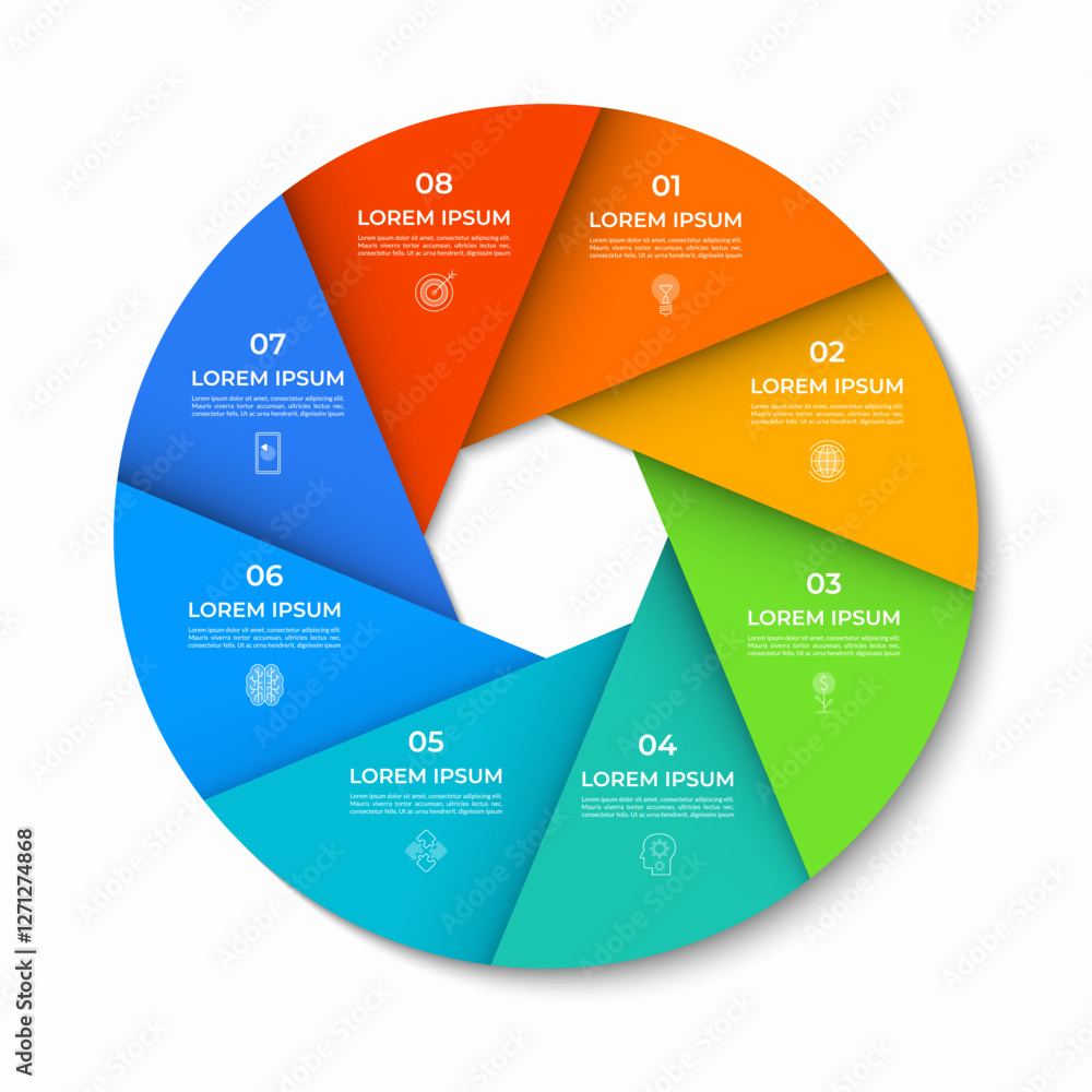 Vector infographic circle divided into 8 sections, parts. Cycle diagram with 8 options. 8-step round chart. Can be used for presentations, reports, brochures, visualizing data, marketing materials. Vector infographic circle divided into 8 sections, parts. Cycle diagram with 8 options. 8-step round chart. Can be used for presentations, reports, brochures, visualizing data, marketing materials.