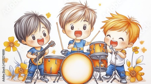 Three Cheerful Boys Playing Musical Instruments in Cartoon Style