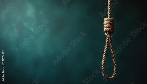 Noose rope against dark teal background with copy space for World Suicide Prevention Day concept. Sign of depression or despair. Symbol of crime, death, hopelessness, stress, suicidal thoughts.