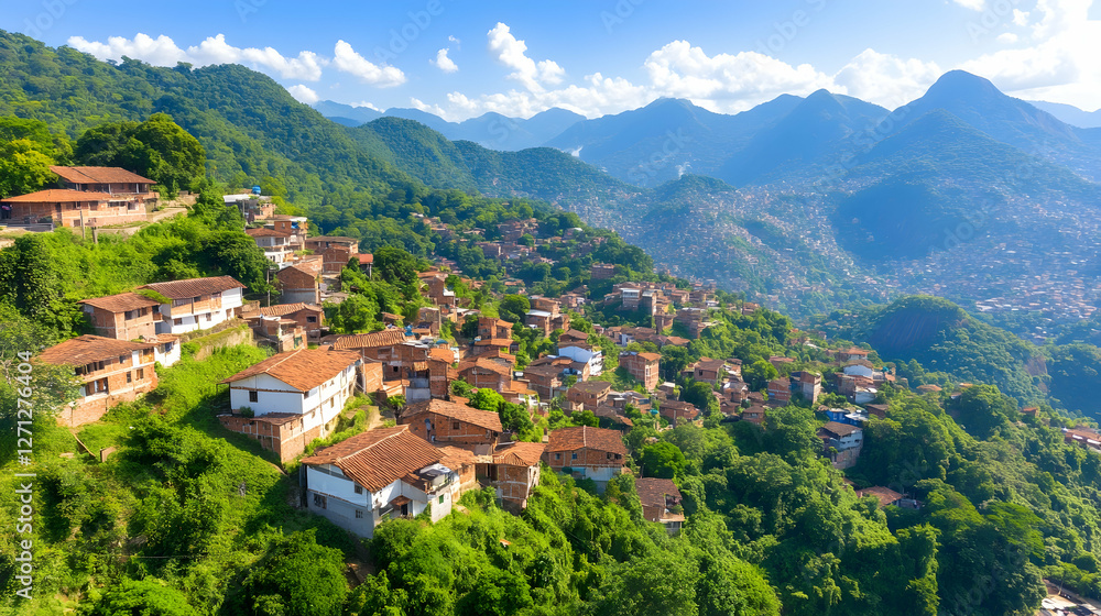 Mountain village aerial view, houses, hills, greenery, sunny day, travel