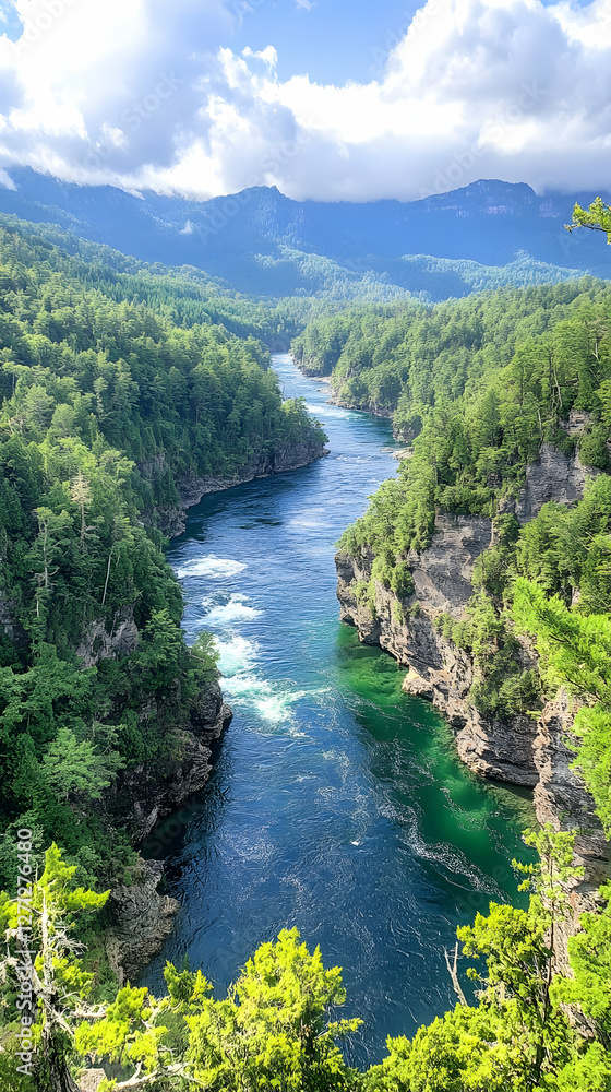 Mountain river flows through lush green valley. Travel background