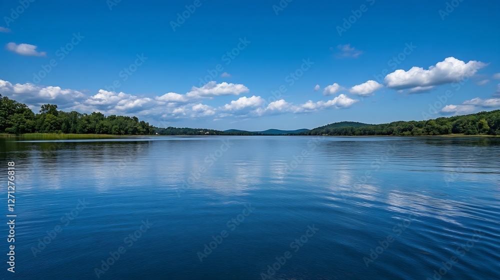 A serene lake reflects clouds and trees under a bright blue sky showcasing the beauty of nature : Generative AI A serene lake reflects clouds and trees under a bright blue sky showcasing the beauty of nature : Generative AI