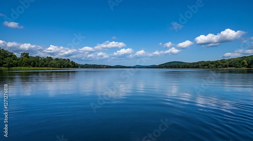 Wallpaper Mural A serene lake reflects clouds and trees under a bright blue sky showcasing the beauty of nature : Generative AI Torontodigital.ca