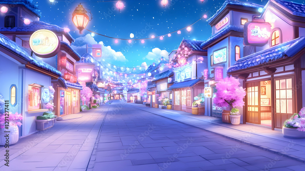 Obraz premium Night market street, Asian town, lanterns, cherry blossoms, game background