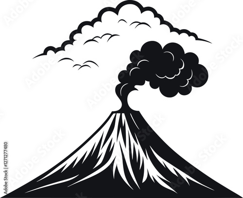 Minimalistic Black Silhouette Vector Illustration of an Erupting Volcano with Smoke Lava, Explosive Natural Disaster, Fiery Mountain, Geothermal Energy, Dramatic Landscape,Powerful Nature Aesethetic