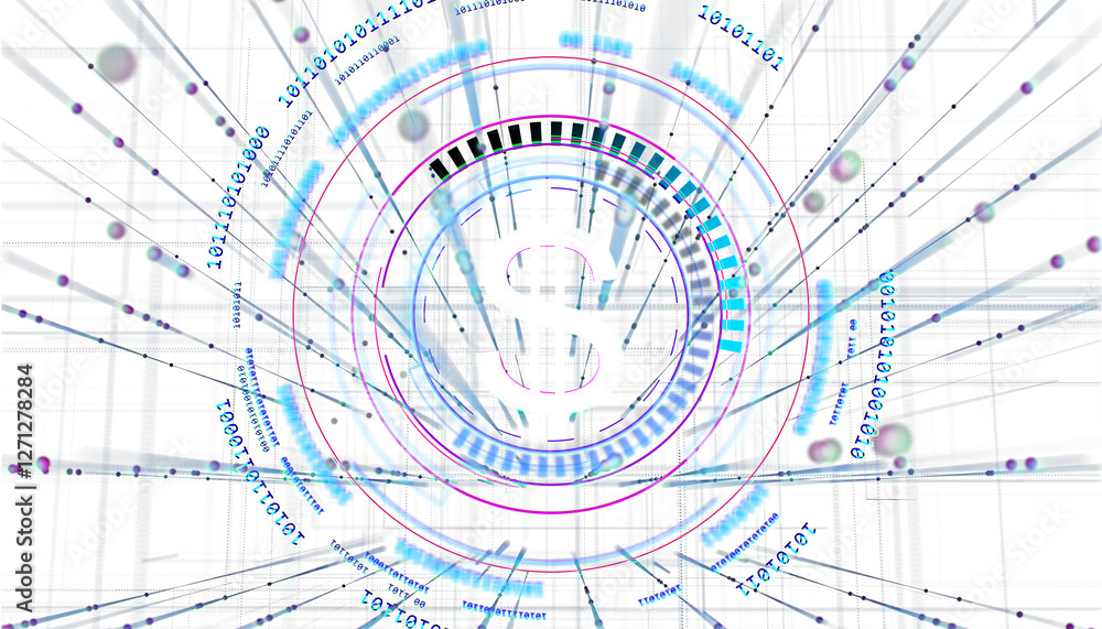 Abstract digital background with dollar symbol, futuristic financial concept, glowing lines, binary code, and data elements on white. 3D Rendering. Abstract digital background with dollar symbol, futuristic financial concept, glowing lines, binary code, and data elements on white. 3D Rendering.