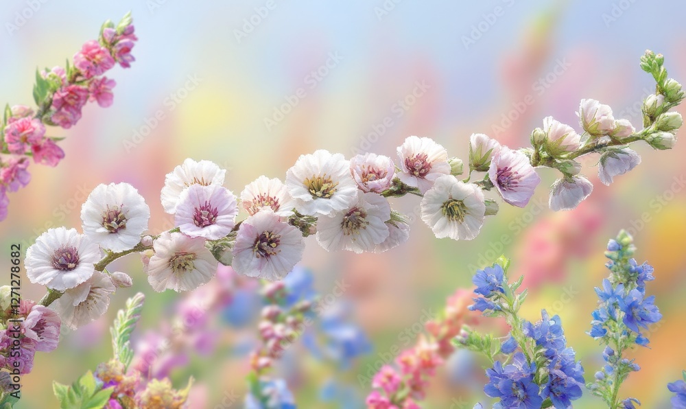 Beautiful spring garden filled with colorful flowers in full bloom under a bright sky Beautiful spring garden filled with colorful flowers in full bloom under a bright sky