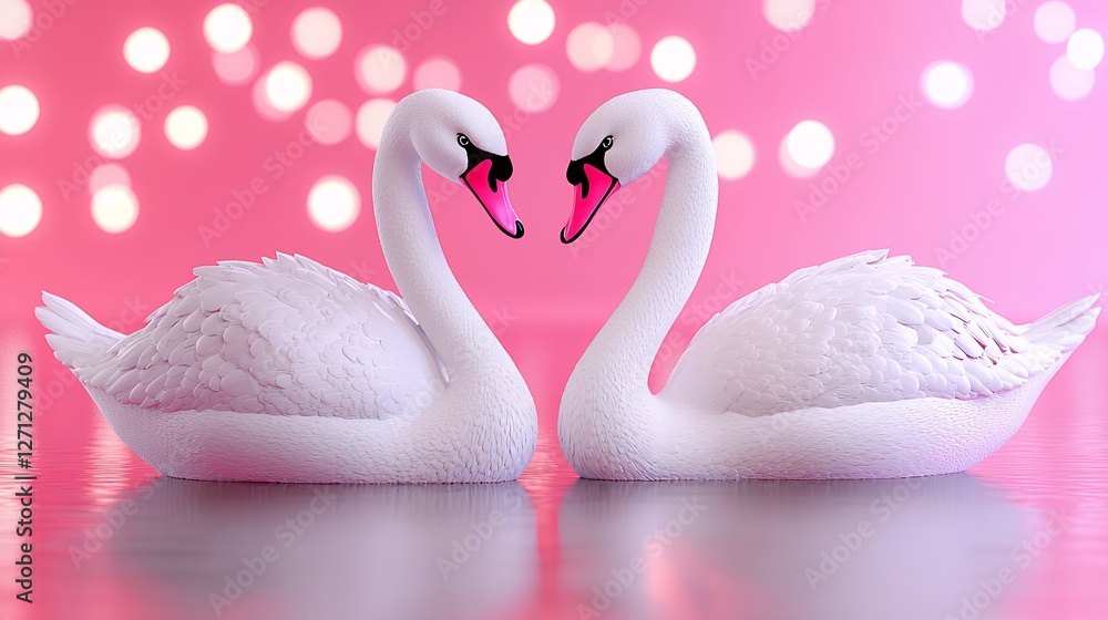 Naklejka premium Two White Swans Forming Heart Shape on Pink Bokeh Background