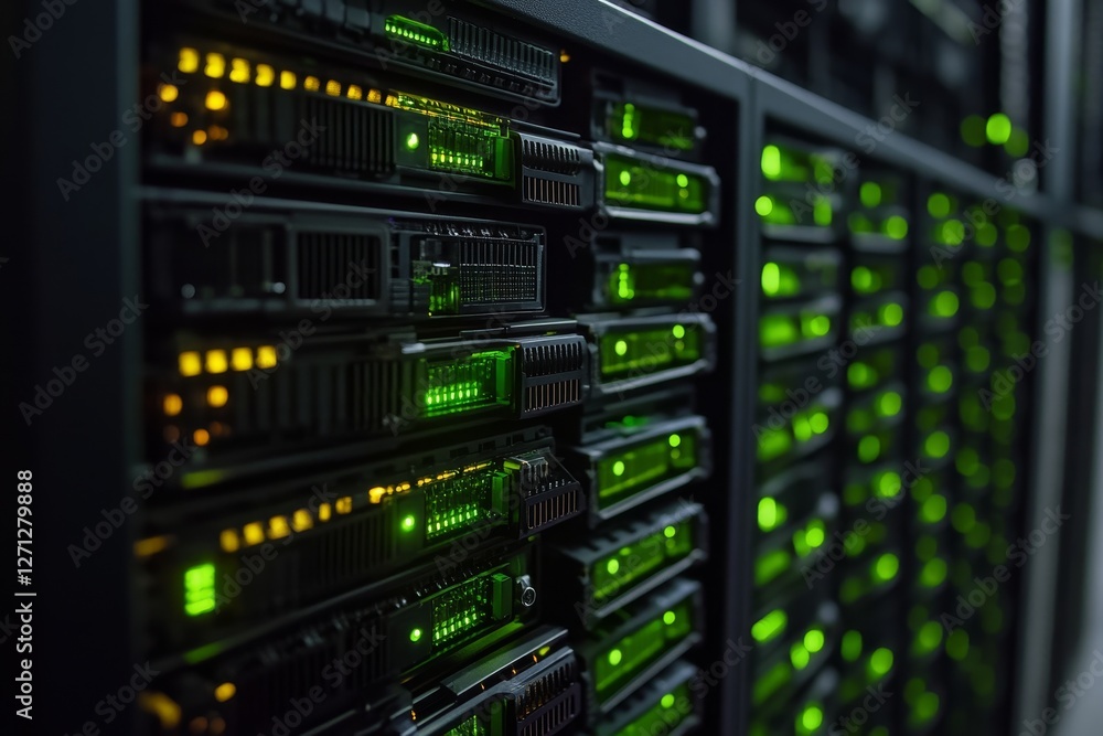 Data center filled with servers displaying green and yellow indicator lights in a modern technology environment Data center filled with servers displaying green and yellow indicator lights in a modern technology environment
