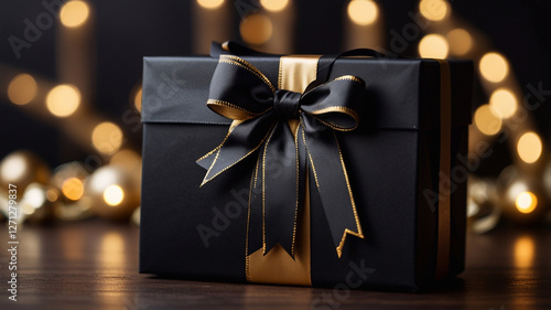 Cinematic, high contrast, minimalist photography featuring a black gift box with an artfully crafted gold ribbon and bow