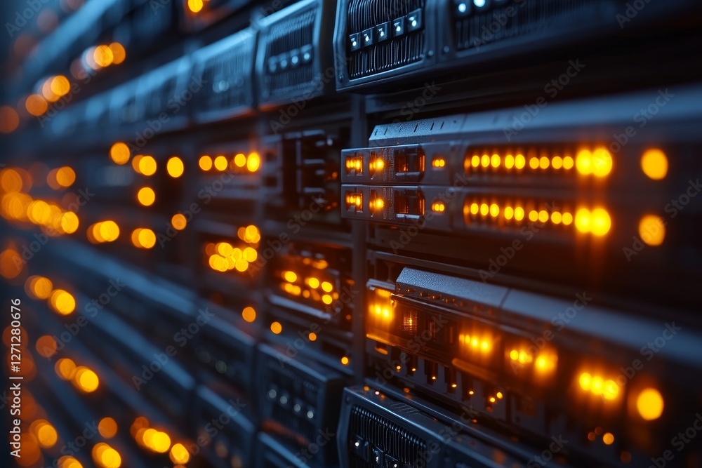 Array of illuminated servers inside a data center showcasing advanced technology during nighttime operations Array of illuminated servers inside a data center showcasing advanced technology during nighttime operations