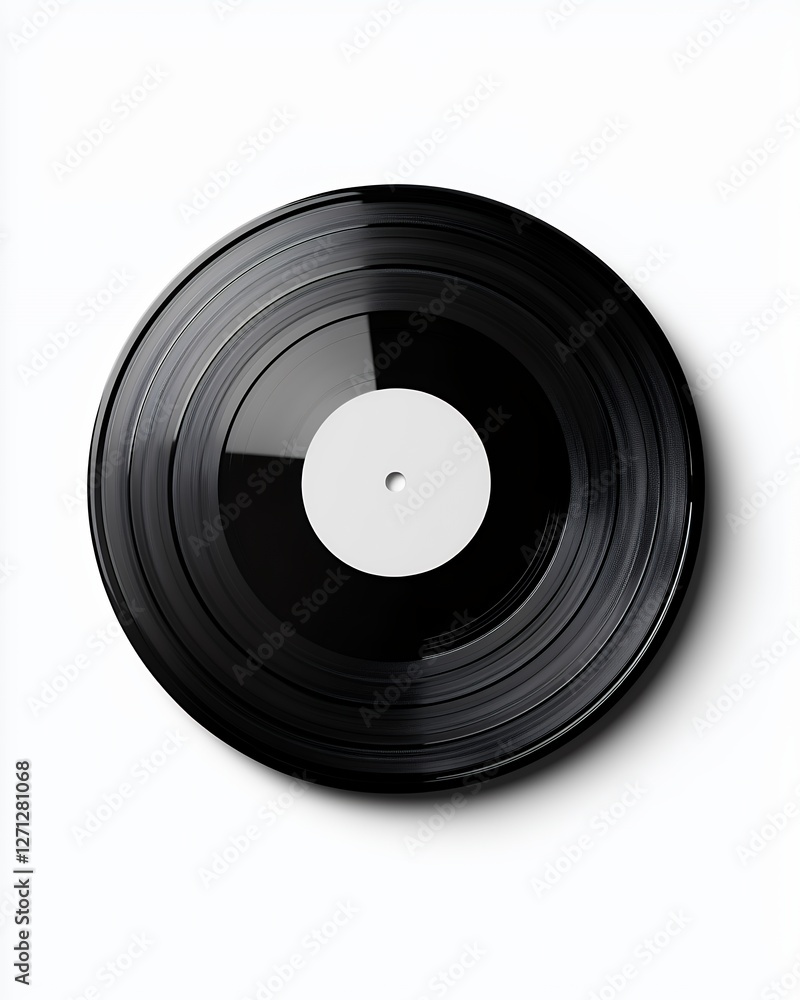 Classic Black Vinyl Record with Blank White Label Resting on Clean White Background Classic Black Vinyl Record with Blank White Label Resting on Clean White Background