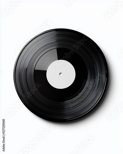 Classic Black Vinyl Record with Blank White Label Resting on Clean White Background photo