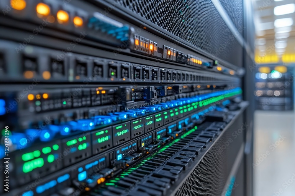 Advanced server technology with illuminated network equipment and data storage components displayed in a modern facility Advanced server technology with illuminated network equipment and data storage components displayed in a modern facility