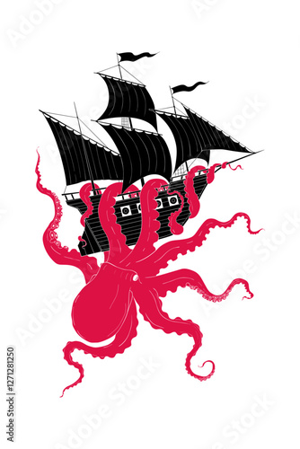 A red octopus wraps around a small sailing ship